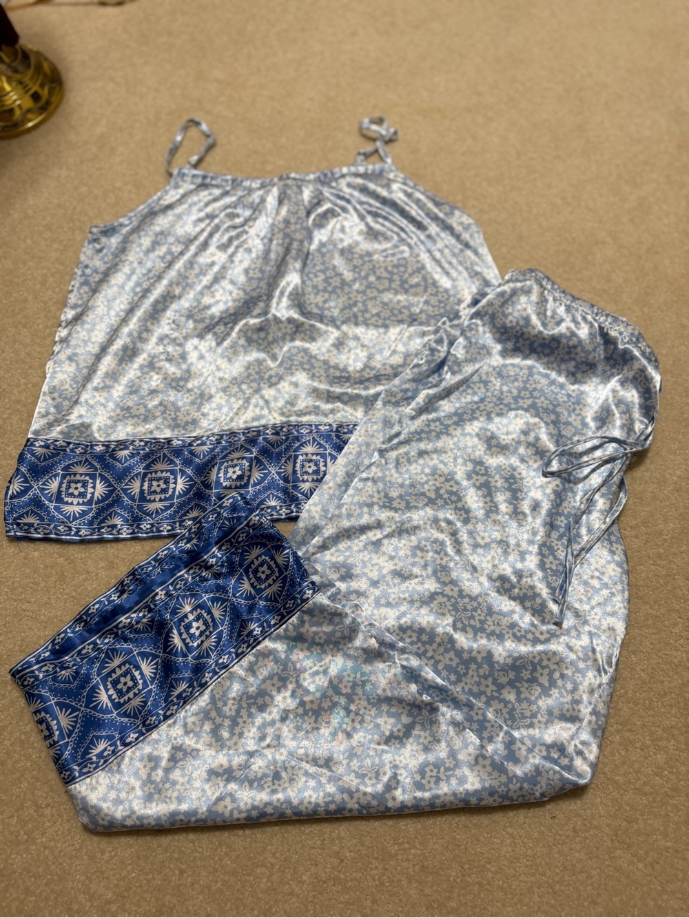 George Light Blue Floral Satin Pajama Set with Navy Trim Medium